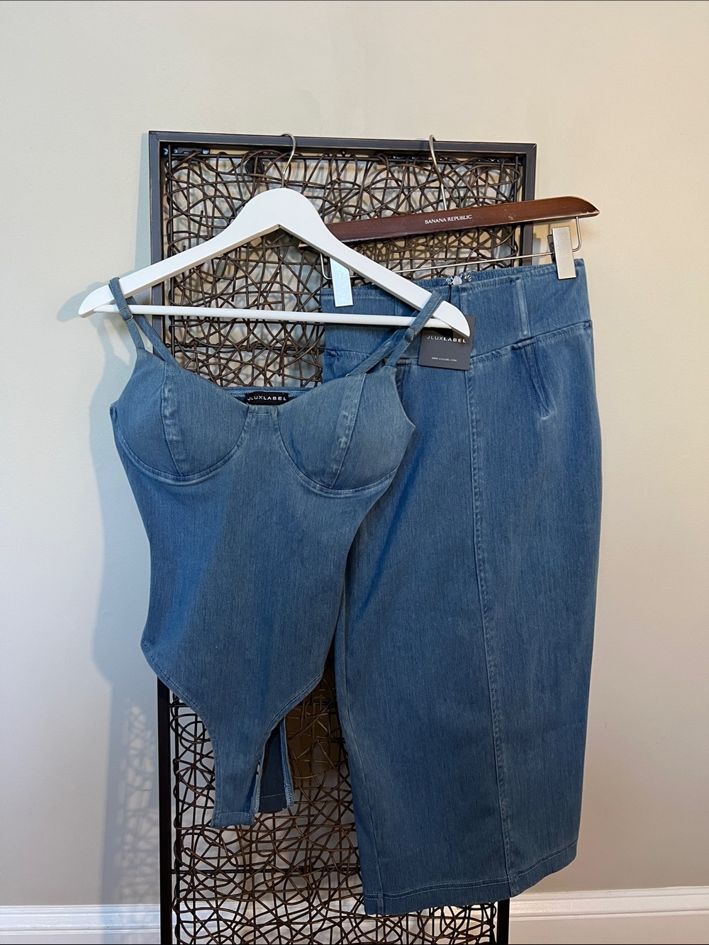 JLuxLabel Stretch Denim Bodycon Midi Pencil Skirt + Bodysuit set 2pc Skirt NEW